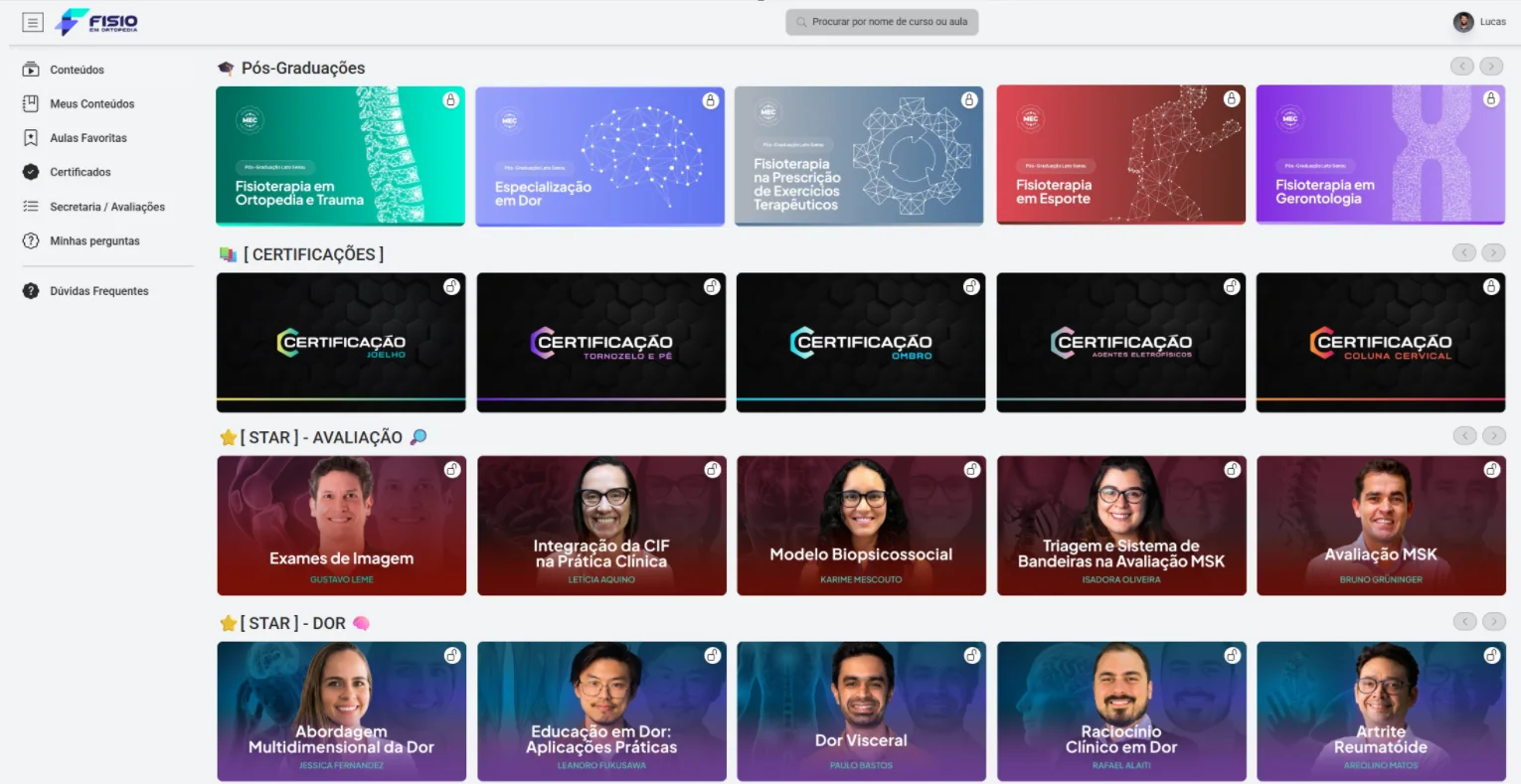 Plataforma da FEO com as pós-graduações, certificações e cursos liberados para a equipe da clínica