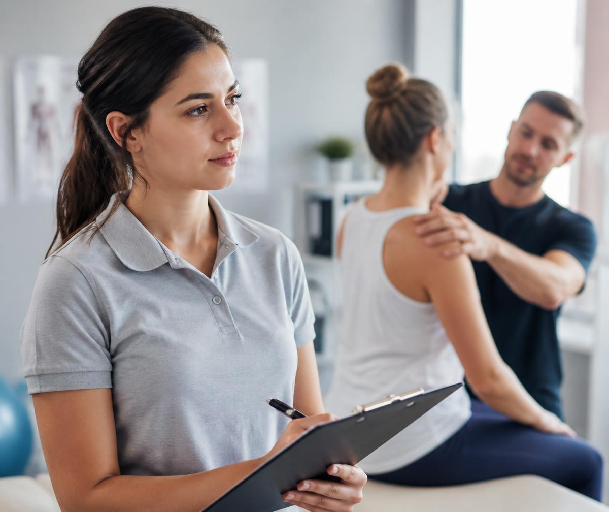 Fisioterapeuta conduzindo a avaliação de um paciente com prancheta em mãos