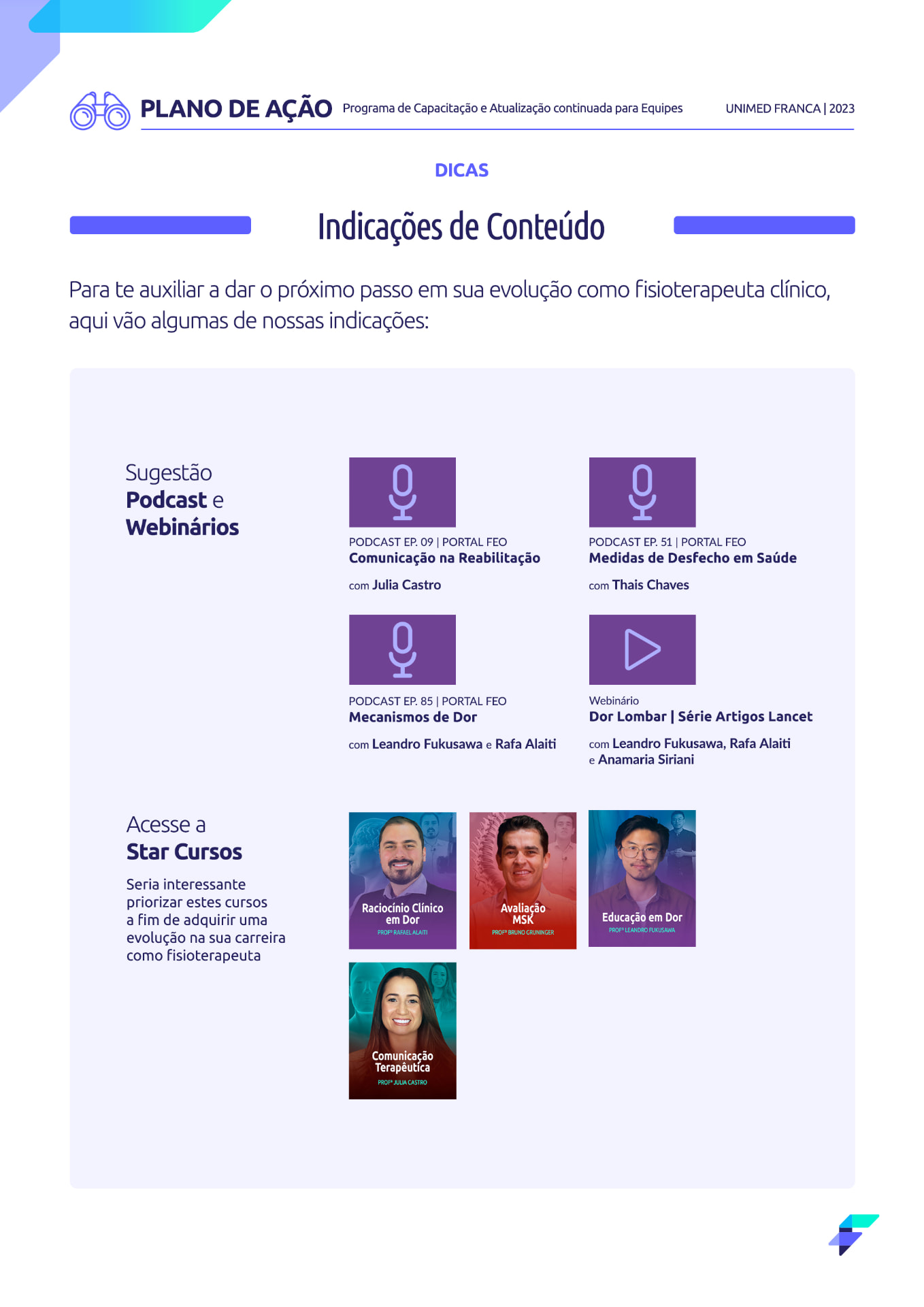 Plano de ação individual com meta quadrimestral, cursos e podcasts indicados por competência