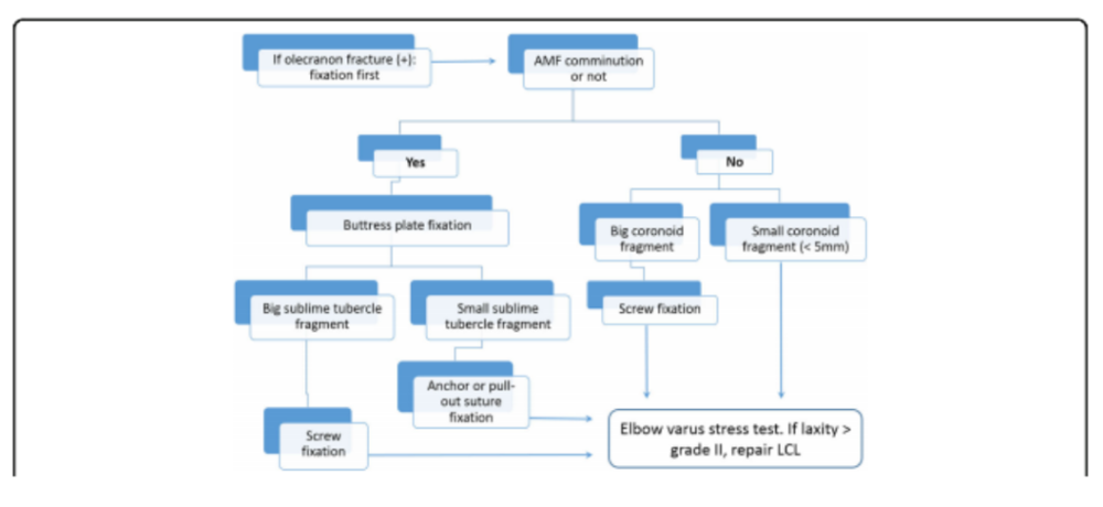 Figura 15. Algoritmo de tratamento das fraturas de processo coronóide. Uma estratégia cirúrgica inovadora foi proposta de acordo aos achados radiográficos. Com a consideração de lesões ulnares proximais adicionais, as fraturas de faceta antero medial (FAM) podem ser classificados e cuidadosamente tratados antes de proceder ao teste de estresse em varo intraoperatório para determinar a indicação para reparo de LCL. Resultados funcionais significativamente melhores foram encontrados quando as lesões ulnares proximais associadas foram totalmente abordadas durante o tratamento cirúrgico das fraturas FAM. Fonte: CHEN et al., 2018.