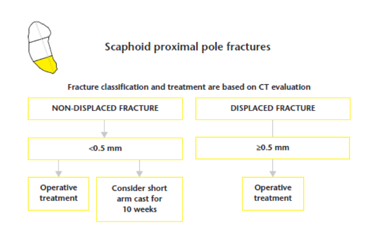 Figura 20: Algoritmo fraturas de escafoide ( fratura do polo proximal) Fonte:Martin Clementson; Anders Björkman; Niels O. B. Thomsen. Acute scaphoid fractures: guidelines for diagnosis and treatment. EFORT Open Rev 2020;5:96-103. DOI: 10.1302/2058-5241.5.190025.