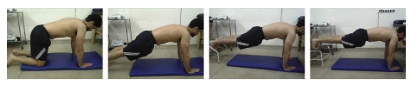 Figura 8. Progressão de carga em cadeia cinética fechada – estabilização escapular. Enfatizando retração e depressão da escápula. Fonte: Hotta GH, Gomes de Assis Couto A, Cools AM, McQuade KJ, Siriani de Oliveira A. Effects of adding scapular stabilization exercises to a periscapular strengthening exercise program in patients with subacromial pain syndrome: A randomized controlled trial. Musculoskelet Sci Pract. 2020 Oct;49:102171. doi: 10.1016/j.msksp.2020.102171. Epub 2020 Jun 29. PMID: 32861372.