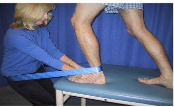 Figura 21: Técnica de mobilização com movimento de Mulligan para ganho de DF. Fonte: Collins N et al. The initial effects of a Mulligan's mobilization with movement technique on dorsiflexion and pain in subacute ankle sprains. Manual Therapy 9 (2004) 77-82.